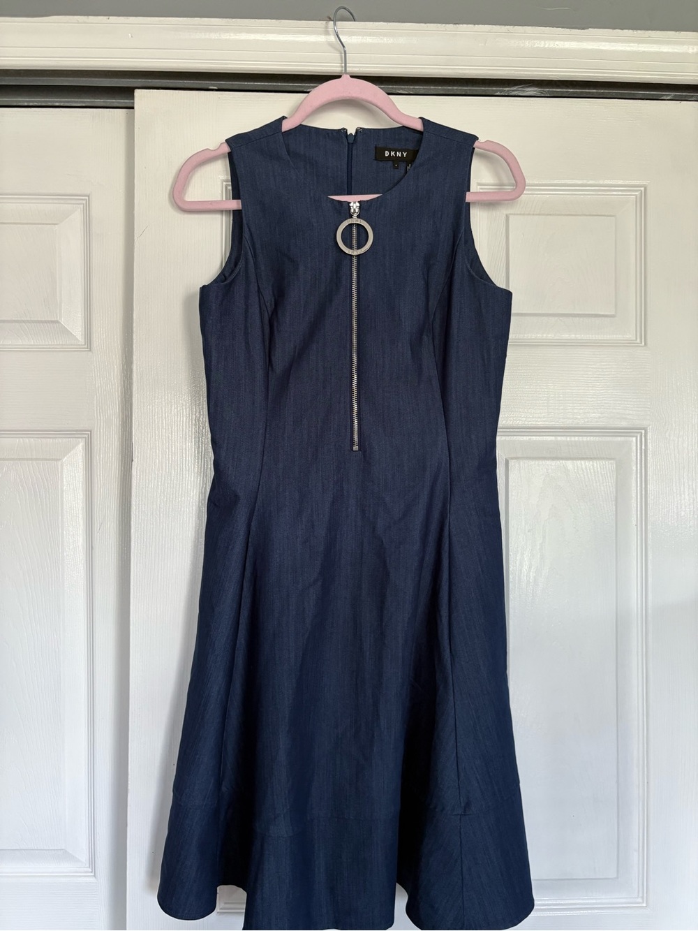 DKNY Navy Sleeveless Fit-and-Flare Dress with Ring Zip